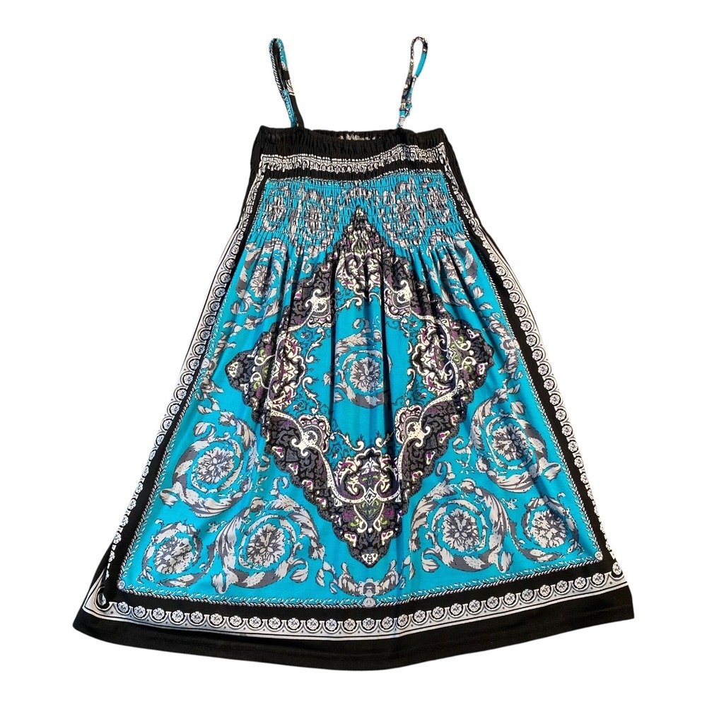 India Boutique Dress Y2K 2000 Blue Black‎ Paisley Smocked Sundress 0037